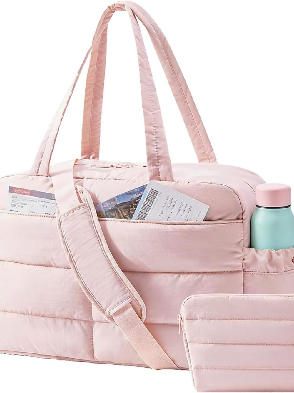 Gym Bag for Women, 2-PC Puffer Travel Duffle Bag Carry On Tote Bag